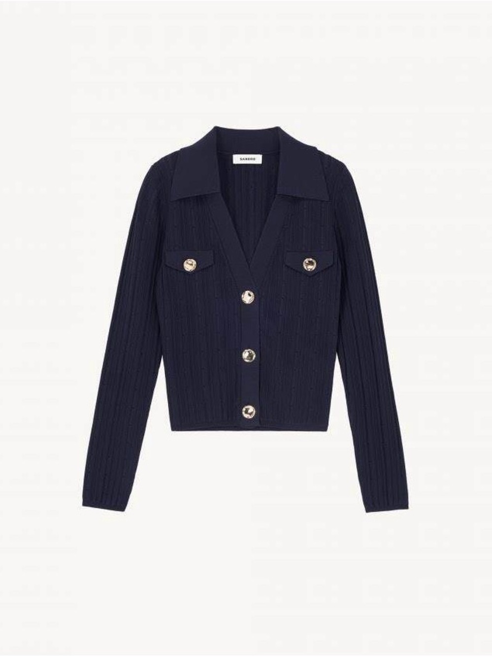 Sandro Navy Ribbed Knit Cardigan V Neck